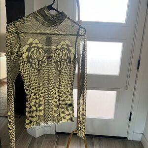 AFRM sheer Yellow and Dark brown Patterned Long Sleeve Top size M